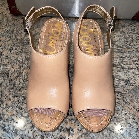 Sam Edelman Camilla Wedge Sandal Women 7.5 Nude Leather Buckle Slingback - Picture 3 of 6